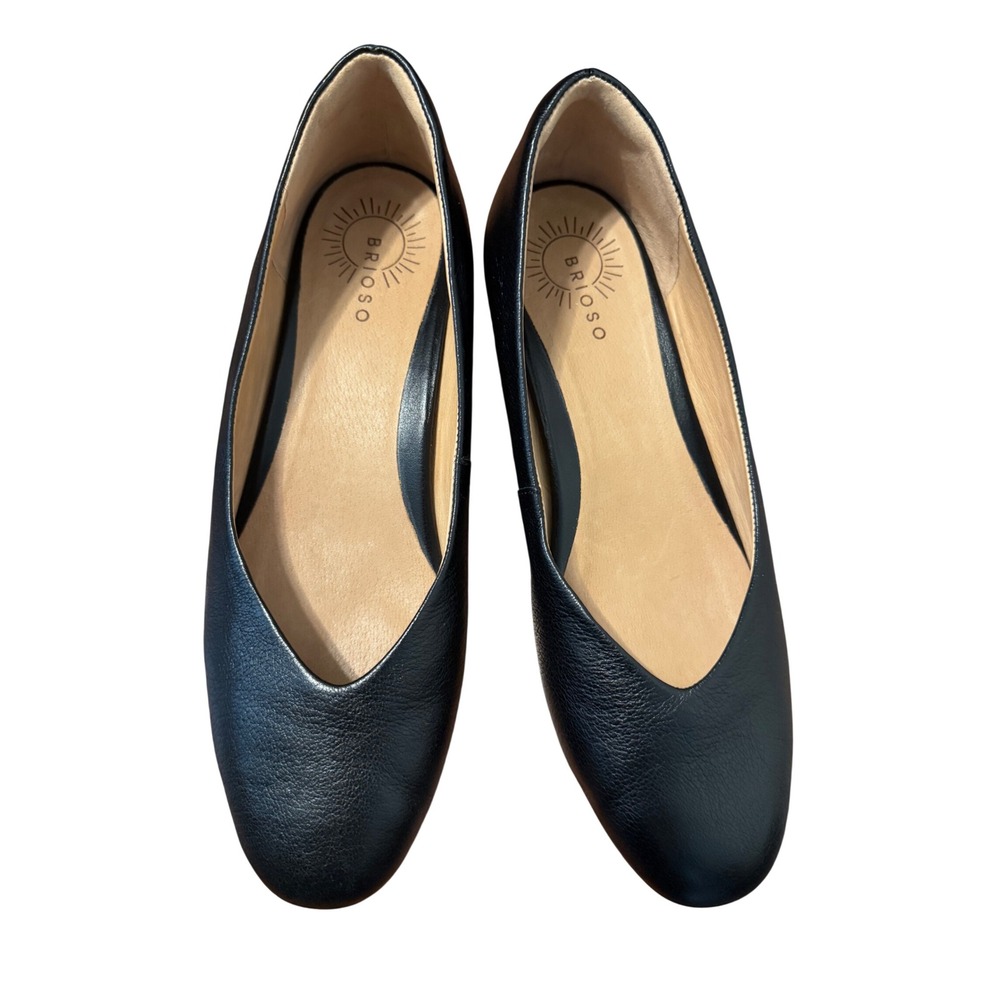 Brioso Muriel Black Leather V-Cut Block Heel Pumps Shoes 8.5M Made in Brazil